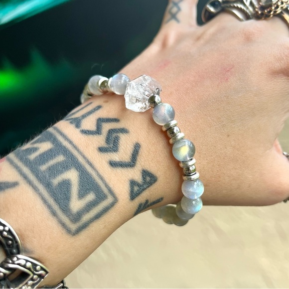 Herkimer diamond iridescent labradorite boho bead crystal quartz gems bracelet - Picture 11 of 16